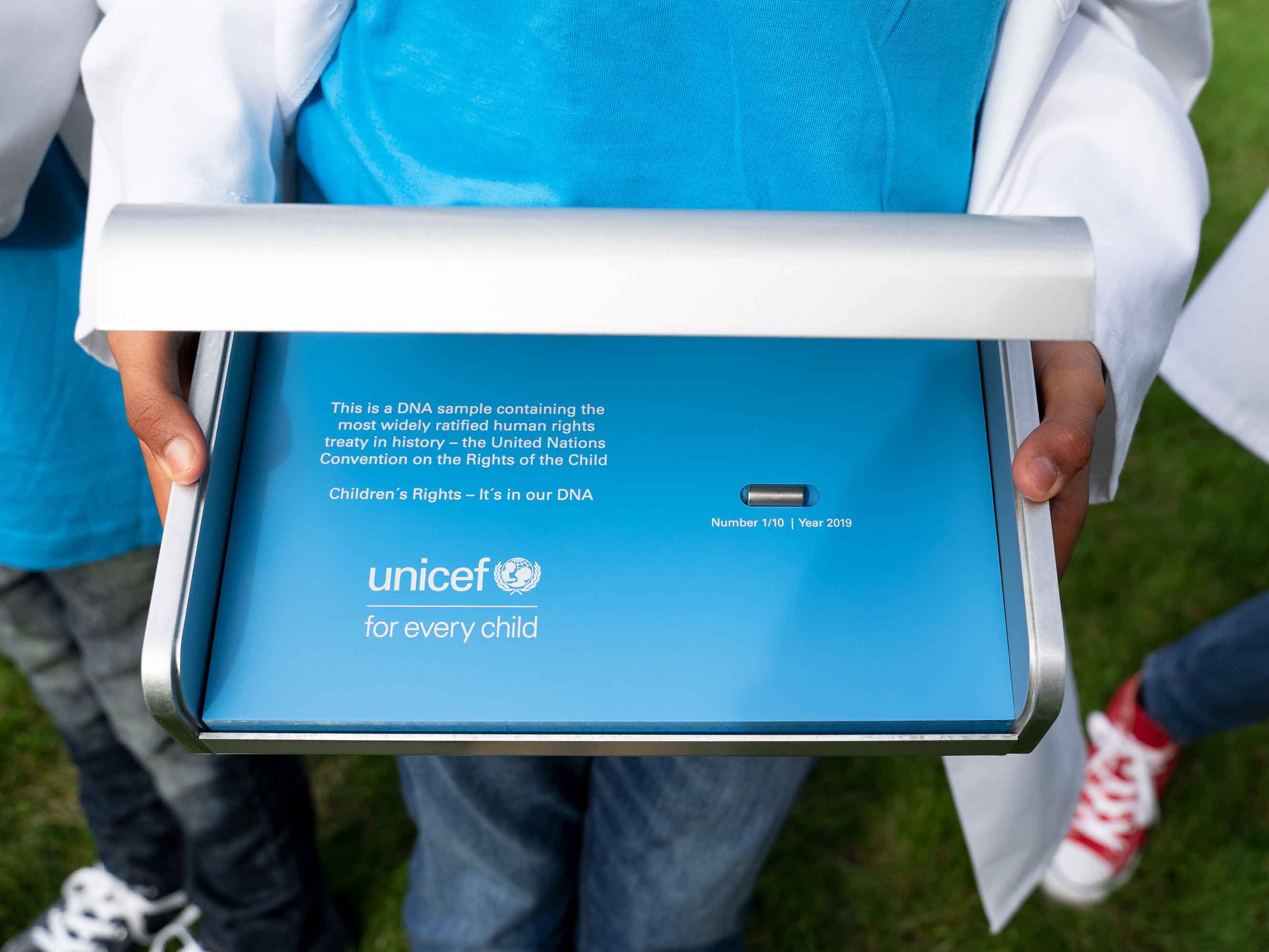 Capsule containing synthetic DNA to be stored in the Arctic World Archive, Svalbard. Credit: UNICEF